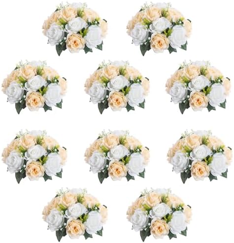 10Pcs Artificial Flower Ball Arrangement, 15 Flower Heads Wedding Roses Bouquet with Base Suitable for Parties Valentine's Day Wedding Centerpieces and Home Decor (Champagne & White) by QUTUNI