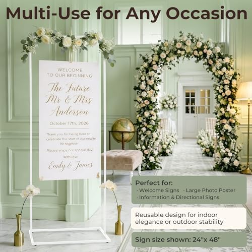 Wedding Welcome Sign Stand, 79" Extra-Tall Height - White Metal Sign Holder with 6 Leather Straps, Easel Stand for Seating Charts & Event Décor - Image 5