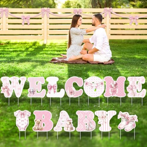 Ripeng 13 Pcs Bow Baby Shower Decorations Welcome Baby Yard Signs with Stakes 15 Inch Tall Lawn Signs for Gender Reveal Theme Birthday Party Indoor Outdoor Supplies - Image 6