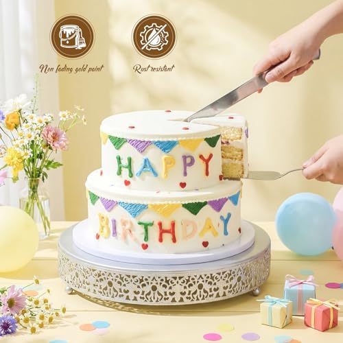 Wenqik 14 Inch Silver Cake Stand Metal Round with Cutter Spatula,Classic - Image 4