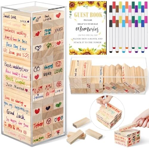 80 Wedding Guest Book Alternative tumbling tower Wooden Block, Sunflowers by Beeveer