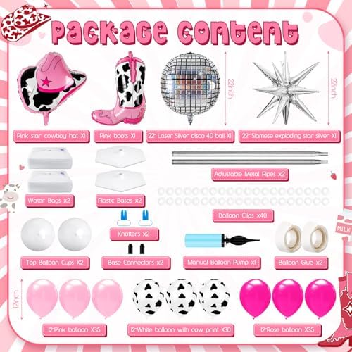Kasyat 2 Sets Disco Cowgirl Balloon Column Stand Kit with 4d Cowgirl Hat Boots Disco Ball Exploding Stars Balloons Hot Pink Silver Arch Kit for Floor for Western Birthday Party Decorations - Image 2
