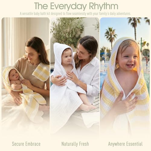 Organic Muslin Hooded Baby Bath Towel 4-Pc Newborn - Yellow Stripe - Image 4