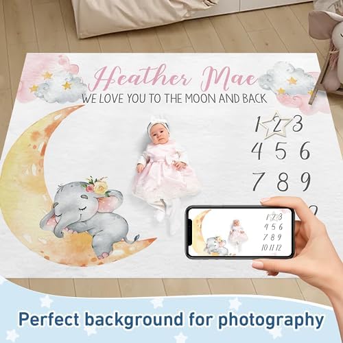 Custom Name Baby Milestone Blanket - Baby Milestone Monthly Blanket with Double Sided for Boy Girl Baby Photography Props - Pink Elephant Print Gifts for Kids Infant (FixedSize) - Image 2