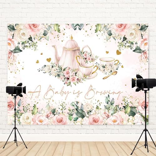 10x5ft Baby Shower Backdrop A Baby is Brewing Photography Background White Floral Pink Teapot Tea Party Theme Banner Decorations Rose Flower Green Leaf Golden Glitter Heart Photo Booth Prop - Image 5