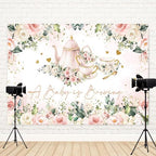 15x10ft Baby Shower Backdrop A Baby is Brewing Photography Background White Floral Pink Teapot Tea Party Theme Banner Decorations Rose Flower Green Leaf Golden Glitter Heart Photo Booth Prop - Image 5
