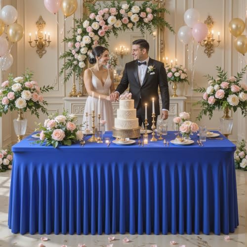 Royal Blue Table Cloth for 6 Foot Rectangle Tables Fitted Stretch Spandex Table Cover with Skirt 6ft Baby Shower Birthday Party Banquet Ruffle Tablecloth Wedding Table Cloths Desk Skirt, 2 Pack - Image 7