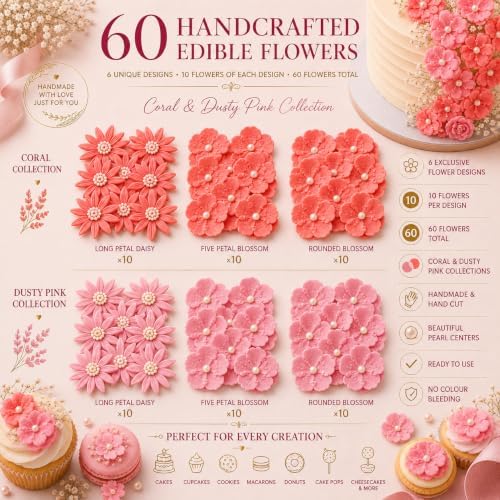 CONFECT Handmade Edible Gum Paste Flower Decorations – Blush Blossom Duo – 60 Piece Assorted Sugar Flower Set with Pearl Centers, Hand Cut Cake Flowers for Cakes, Cupcakes, Cookies & Desserts - Image 2