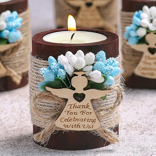 Ju's Favors Wooden Candle Holders Set of 10 for Baptism Favors for Guests, Christening Party Favors. (Dark brown - blue) - Image 2
