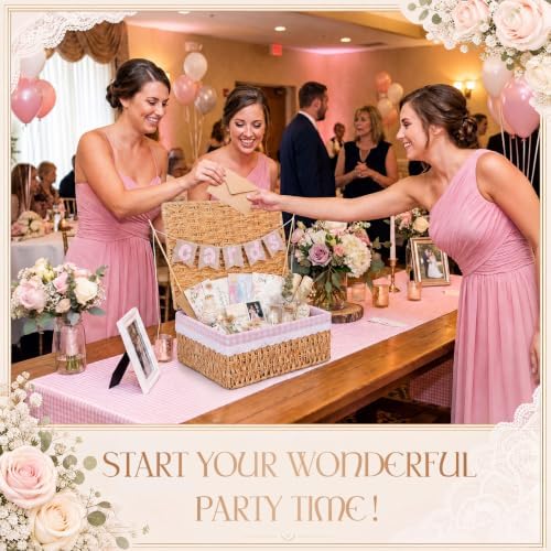 Gerrii Wedding Party Decoration 12 x 9.4 x 5.3 in Large Wicker Storage Basket with Lid Wedding Card Box and Card Banner Set Money Envelope Box Gift for Baby Shower Favor Supplies(Red Plaid) - Image 3
