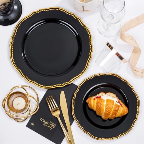 Hioasis 175 Pcs Black and Gold Plastic Plates Wedding & Party - Image 4