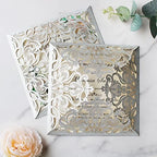 Hosmsua 50PCS Personalized Silver Glitter Wedding invitation with Envelopes, 6.3x6.3 Laser Cut Hollow Lace Rose Invitation for Wedding Engagement Birthday Invite (Customized Printed) - Image 3