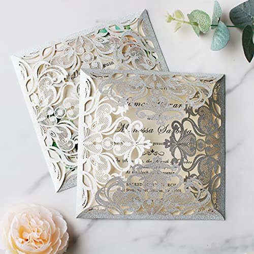 Hosmsua 50PCS Personalized Silver Glitter Wedding invitation with Envelopes, 6.3x6.3 Laser Cut Hollow Lace Rose Invitation for Wedding Engagement Birthday Invite (Customized Printed) - Image 3