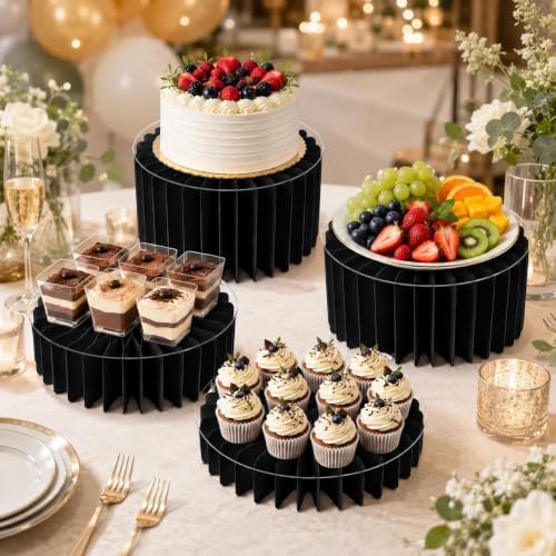 iobiotio Foldable Cake Stand, Reusable Buffet Risers, 4 Pack Round Dessert Stands with Acrylic Tops, Cardborad Display Stands for Weddings, Birthdays, Baby Showers, Parties, Home Decor, Black - Image 3