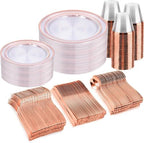 bUCLA 300PCS Rose Gold Plastic Dinnerware - Clear Dinnerware Set Disposable Include 50 Dinner Plates,50 Dessert Plates,50 Knives,50 Forks,50 Spoons,50 Cups for Party & Wedding by BUCLA