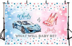 MEHOFOND 10x7ft Wheels or Heels Gender Reveal Backdrop Boy or Girl What Will Baby Be Decorations Banner Cars and High Heels Gender Reveal Baby Shower Photography Background Cake Table Supplies - Image 3