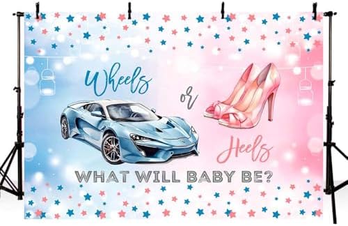 MEHOFOND 8x6ft Wheels or Heels Gender Reveal Backdrop Boy or Girl What Will Baby Be Decorations Banner Cars and High Heels Gender Reveal Baby Shower Photography Background Cake Table Supplies - Image 3