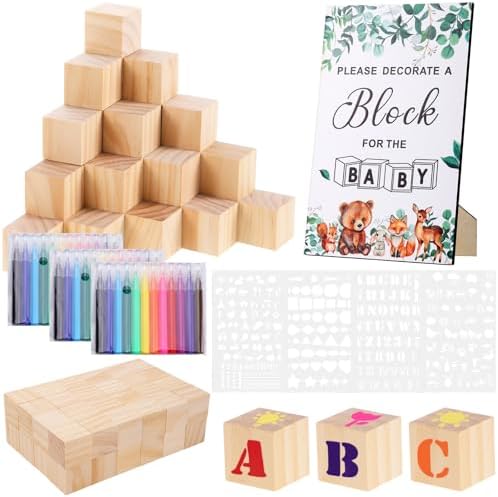 101 Pcs Baby Shower Blocks Games Sets, Baby Coloring Blocks for Baby Shower, 60 DIY 3.5cm Blank-Wooden-Block 4 Large-Stencils 36 Colorful-Marker 1 Decorate-Wooden-Sign, Baby Shower Blocks to Decorate by Unknown