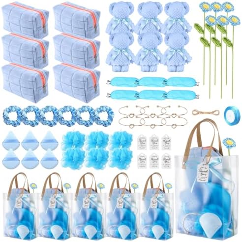 Rigibright 62PCS Baby Shower Prizes for Winners with Plush Cosmetic Bags and Towels Spa Accessories with Gift Bag for Baby Shower Games Wedding Bridal Shower Party Favors for Guests (6, Blue) by Rigibright