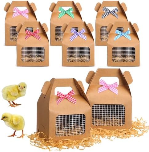 Maitys 36 Pcs Chicken Birthday Party Favor Boxes Farm Animal Foldable Chicken Box with Raffia Grass Bow Paper Treat Goodie Boxes for Adopt Chick Party Birthday, 3.94'' X 3.35'' X 3.15'', Classic by Maitys
