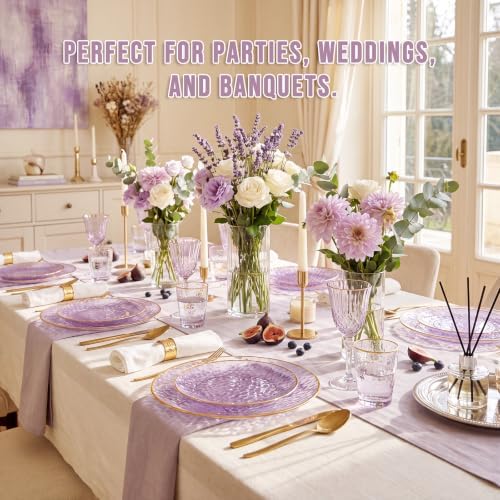 Rubtlamp 60Pcs Clear Purple Gold Plastic Plates, Purple Disposable Plates With Gold Rim, Hammered Plastic Plates Include 30 Clear Dessert Plates, 30 Dinner Plates for Party - Image 5