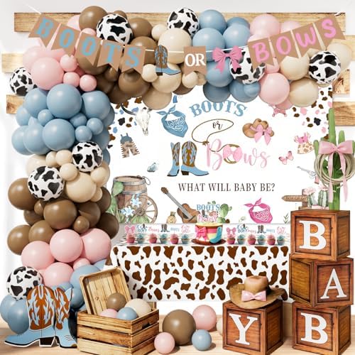 Boots or Bows Gender Reveal Decorations - 130Pcs Boy or Girl What Will Baby Be Gender Reveal Party Supplies Include Backdrop Balloon Garland Tablecloth Boots or Bows Banner Cake Cakecup Topper by Tenshun