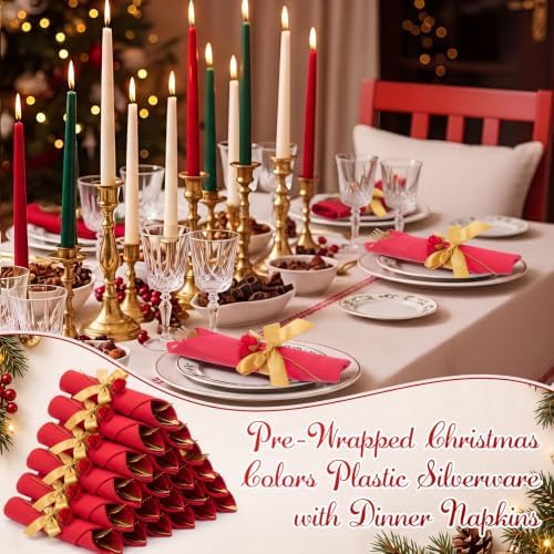 30 Set Christmas Red Pre Rolled Napkins with Rose, Gold Cutlery - Image 4