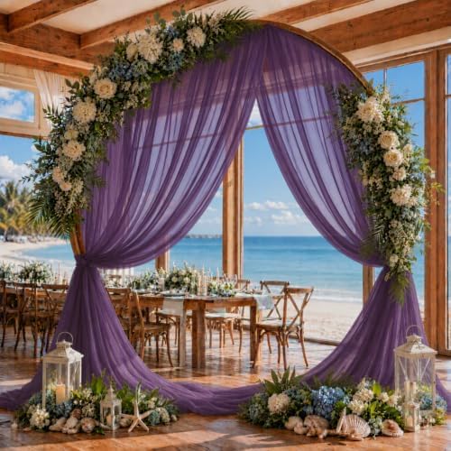 Plum Purple Wedding Arch Draping Fabric Sheer Curtain Drapes 4 Panels | 20 ft Extra Long Shimmery Backdrop Curtains for Wedding Anniversary Party Summer Outdoor Events Drapery Backgrounds - Image 5