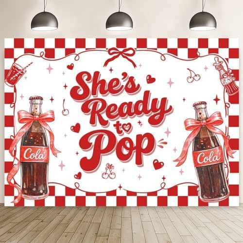 MEHOFOND 10x7ft She's Ready to Pop Baby Shower Banner Backdrop Red Coquette Shes Ready to Pop Baby Shower Decorations Gender Reveal Cake Smash Photo Booth Props by MEHOFOND