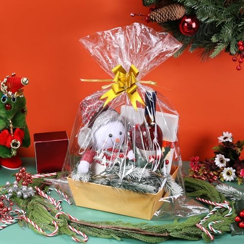 AFOROEOA 10PACK Baskets For Gifts Empty, 10 x 8”Thick Kraft Gift Basket with 10 Clear Gift Bags and 10 Pull Bows, Empty Gift Baskets for Christmas, Thanksgiving Wedding Birthday Party Wrapping Gift - Image 4