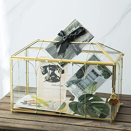 Glass Wedding Card Box with Slot, 12.6 inch Large Clear Card Box Gold Brass Gift Card Storage Box with Lock for Wedding Receptions, Baby Shower, Birthday Party, Bridal Shower by Giadun