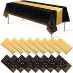 16Pack Disposable Plastic Tablecloths and Satin Table Runner Set Black Gold Dot Table Cloth Gold for Graduation Wedding Birthday Baby Shower Anniversary Holiday Party Decorations by MASHAN