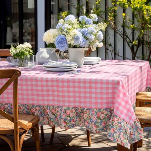 Moukeren Pink Gingham Ruffled Tablecloth Rectangular Cotton Linen - Image 4