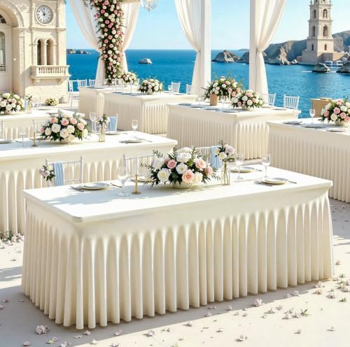 Beige Table Cloth for 8 Foot Rectangle Tables Fitted Stretch Spandex Table Cover with Skirt 8ft Baby Shower Birthday Party Banquet Ruffle Beige Tablecloth Wedding Table Cloths Desk Skirt, 6 Pack - Image 2