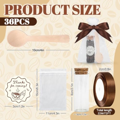 JarThenaAMCS 36 Sets Coffee Baby Shower Favors for Guests Wooden Spoons Mini Coffee Glass Jars Thank You Stickers Brown Ribbon and Bags for Gender Reveal Party Souvenirs - Image 2