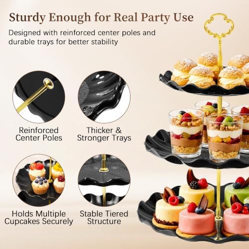 Lzerking Black Gold Dessert Stand Set 13PCS, 6 Tiered Cupcake Display Towers with 4 Serving Trays and 3 Tongs, Round & Square Dessert Holders for Wedding Birthday Graduation Baby Shower Decor - Image 5
