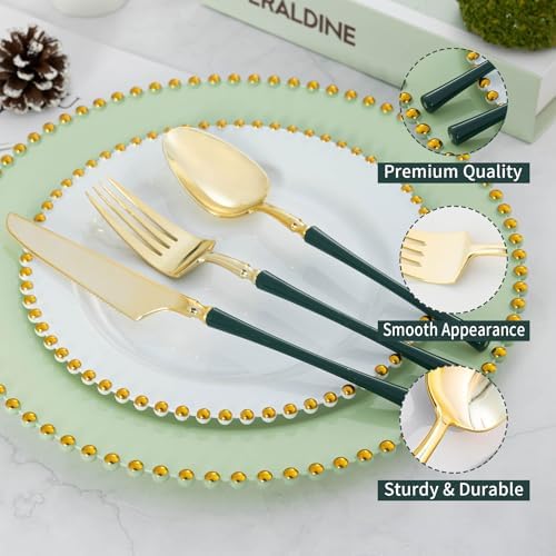 Lullaby 150PCS Heavy Duty Gold Plastic Silverware with Dark Green Handle - Image 4