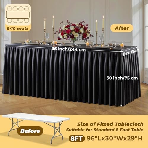Black Polyester Table Cloths for Rectangle 8 Foot Tables, 2 Pack Wrinkle Free Tablecloths Stretchy Banquet Ruffle Fitted Table Cover Desk Skirt for Parties Wedding Birthday Baby Shower - Image 4