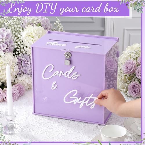 BreezeHug 10" Lilac Acrylic Wedding Card Box with Lock, Purple Money Box - Image 5