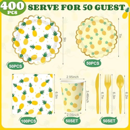 Funnymoom 400 Pcs Pineapple Party Supplies for 50 Guest Summer Fruit Disposable Plates Napkin Cup Spoon Fork Knives for Outdoor Picnic Birthday Baby Bridal Shower Holiday Party Supplies - Image 2