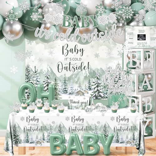 Baby It’s Cold Outside Baby Shower Decorations, Green Winter Baby Shower Decorations Winter Wonderland Tablecloth Banner Backdrop Balloon Box Cupcake Topper Hanging Swirl for Boy Girl Gender Reveal - Image 4