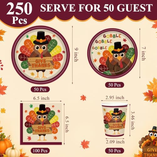 Pickmesh 250 Pcs Turkey Thanksgiving Party Decorations Autumn Harvest Paper Plates Napkins and Cups Give Thanks Disposable Tableware Set for Fall Thanksgiving Friendsgiving Party Supplies Serve 50 - Image 2
