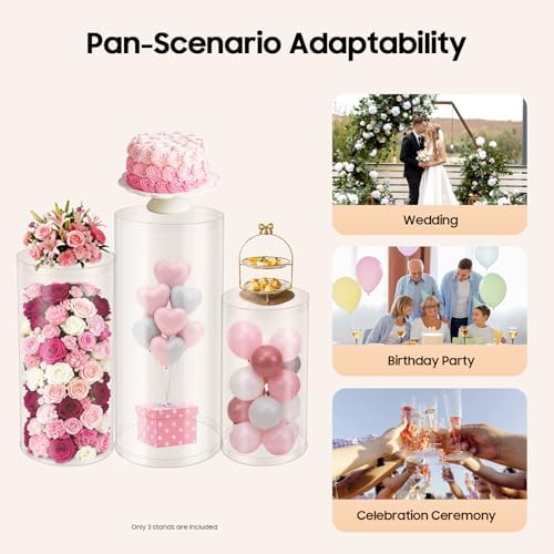 3PCS Clear Acrylic Cylinder Pedestal Stands 23.6''+29.5''+35.4'' Tall Round Display Pedestal Decor Background Dessert Table Pillars for Party Birthday Wedding Props Baby Shower Party Event Decoration - Image 5