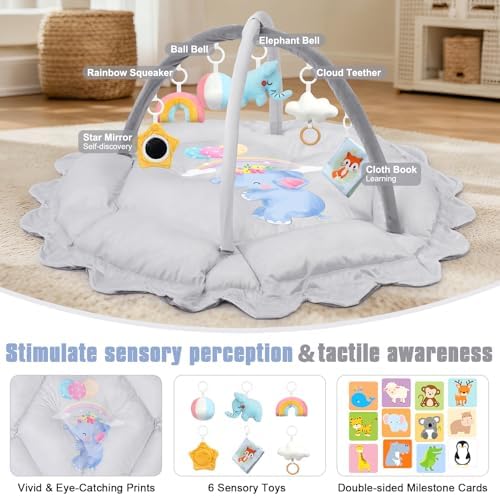5-in-1 Baby Gym Play Mat with Cartoon Pattern, Extra Thick Plush Tummy Time Activity Gym with Hanging Toys, Sensory Development & Motor Skills Training Floor Mat, Elephant - Image 3
