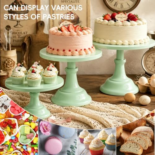 3 PCS Green Round Cake Stand Set, Multi Size Metal Cupcake Holders Stand for Birthday Wedding Banquets, Pastry Display Holders for Holiday Party Dessert Display Table Decor (8"/10"/12" Plate) - Image 3
