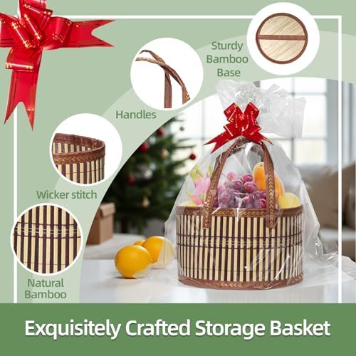 3-Pack Woven Bamboo Gift Baskets with Handles - Baby Shower & Birthday Party Storage - Empty Baskets with 3 Cellophane Bags & Gift Cards (Brown, 9.8×9.8×5.9 IN) - Image 2