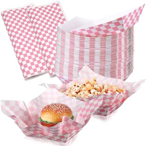Geosar 200 Pcs Gingham Paper Food Tray with Wax Paper,Pink White by Geosar