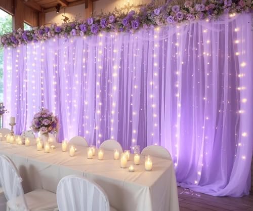 Lavender Tulle Photo Backdrop Curtain with Lights String for Parties Wedding Bridal Shower Sheer Lavender Curtain Backdrop for Birthday Party Baby Shower Photo Booth Photography 20ft x 8ft - Image 5