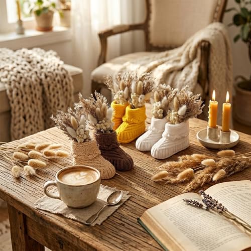 4 Pairs Baby Shower Table Decorations with Dried Pampas Grass Bouquet Gender Reveal Party Decor Bulk Boho Table Centerpieces Crochet Knitted Baby Booties - Image 3