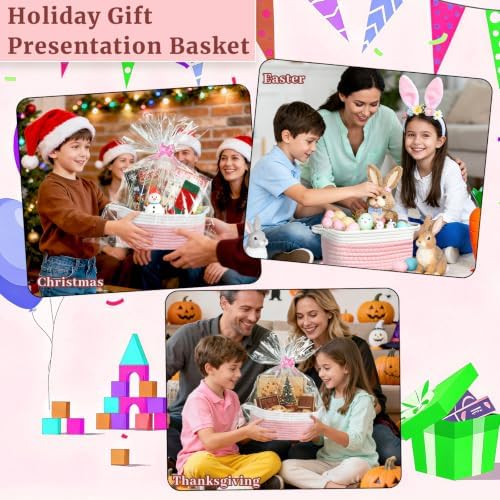 8 Pack Small Woven Baskets with Gift Bags & Ribbons & Cards, Cotton Rope Durable Storage with Handles 12"x8"x5" Empty Gift Baskets for Mother's Day, Baby Showers, Birthdays & Raffle (Pink) - Image 7
